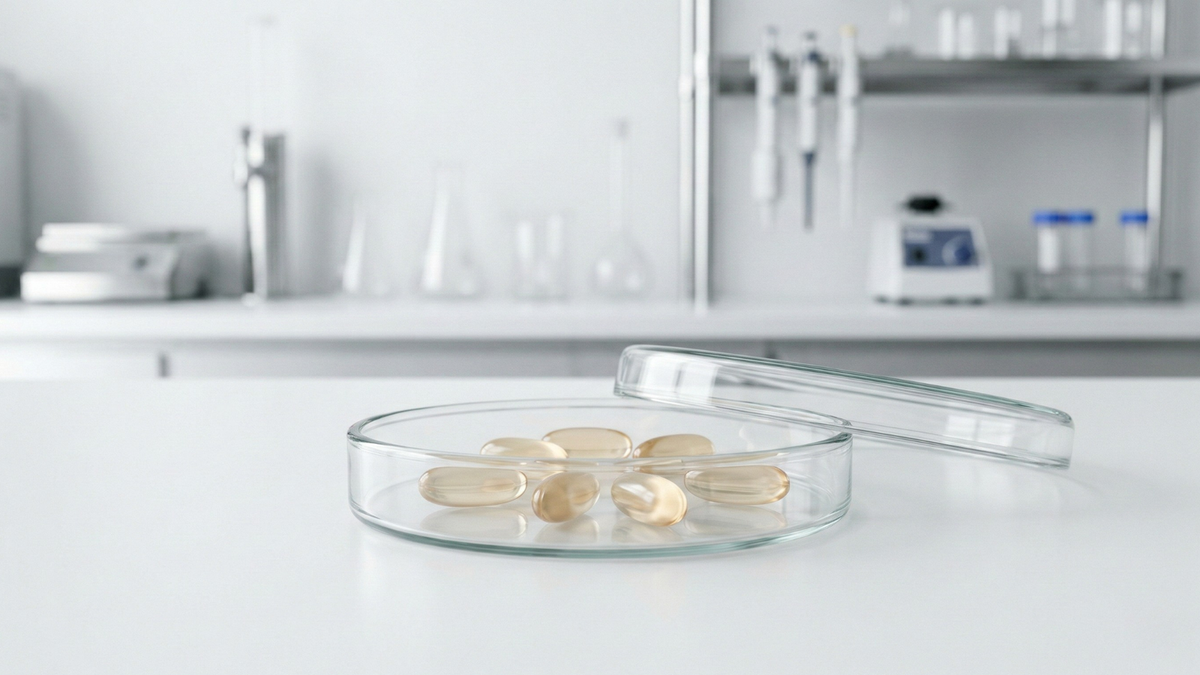 Aged garlic extract softgels in a glass petri dish on a laboratory bench