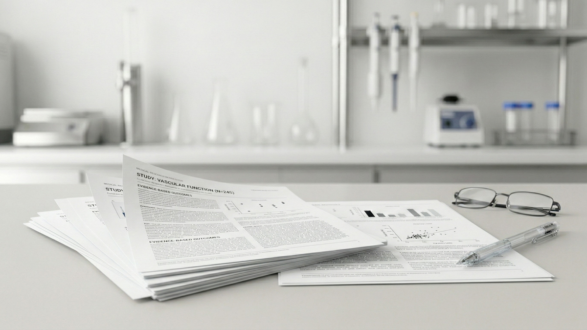 Printed clinical study papers on vascular function spread across a laboratory bench