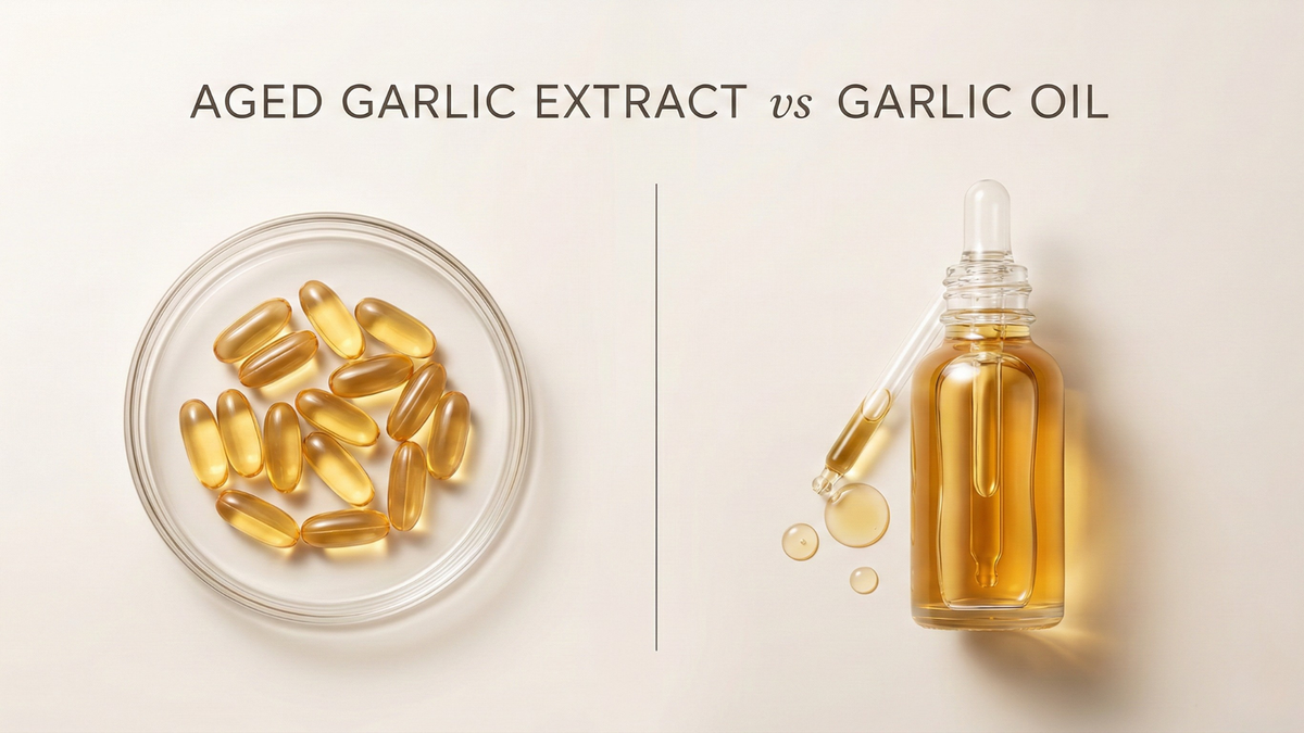 Aged garlic extract softgels in a glass dish beside a dropper bottle of garlic oil